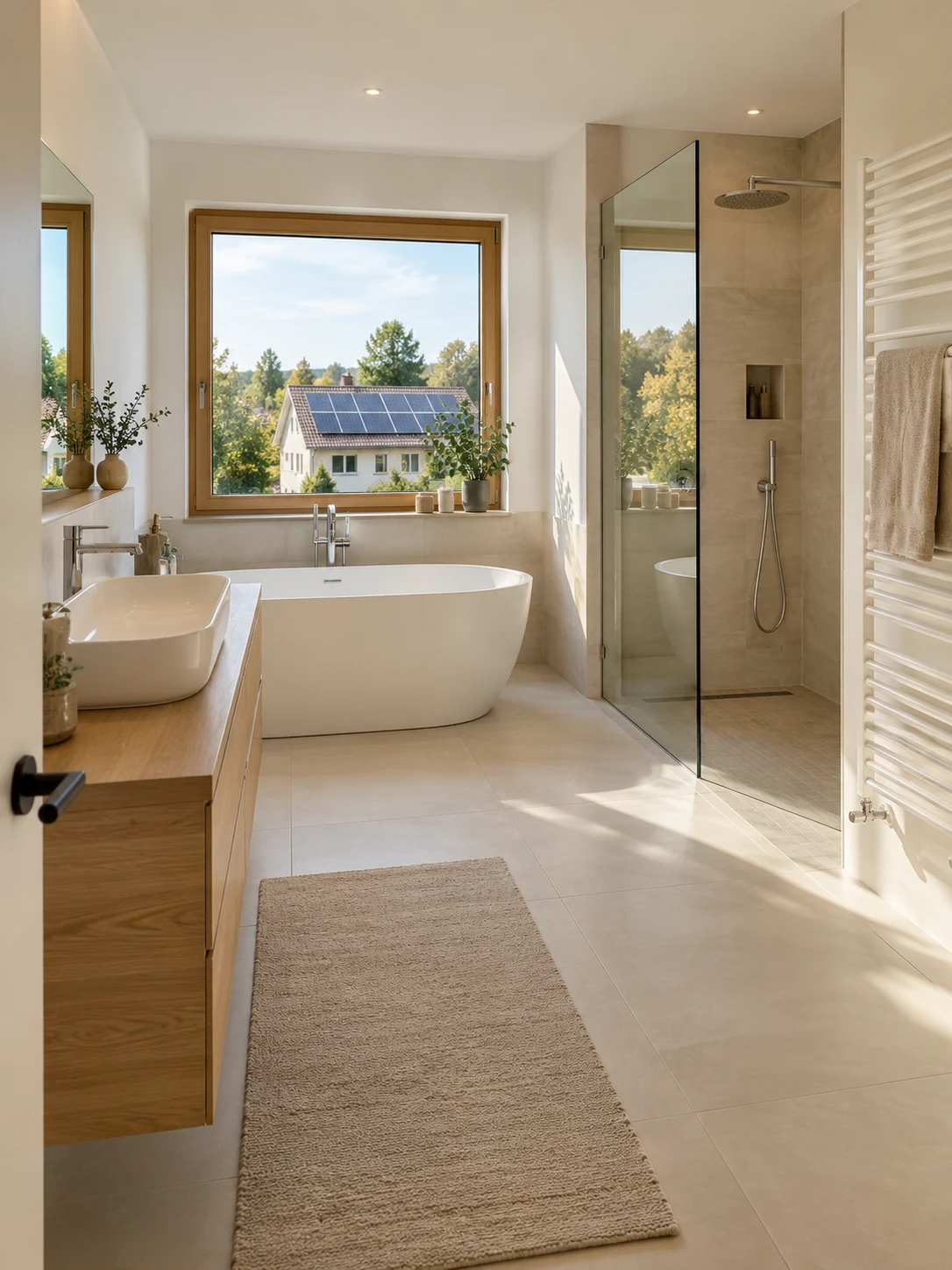 KI-generiertes modernes Badezimmer mit Badewanne, Dusche, Waschbecken und Wandheizkörper